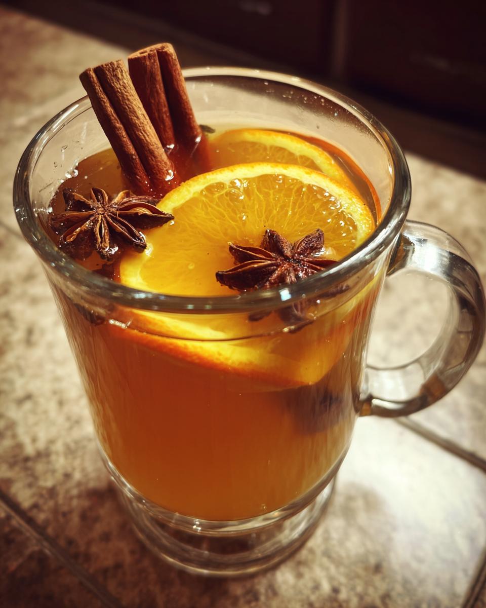 Close-up of hot spiced apple cider garnished with orange slices, cinnamon sticks, and star anise.