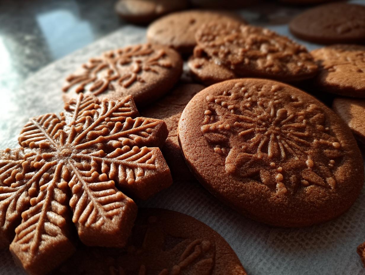 Close-up of freshly baked chewy gingerbread cookies, some shaped like snowflakes, with intricate embossed patterns.