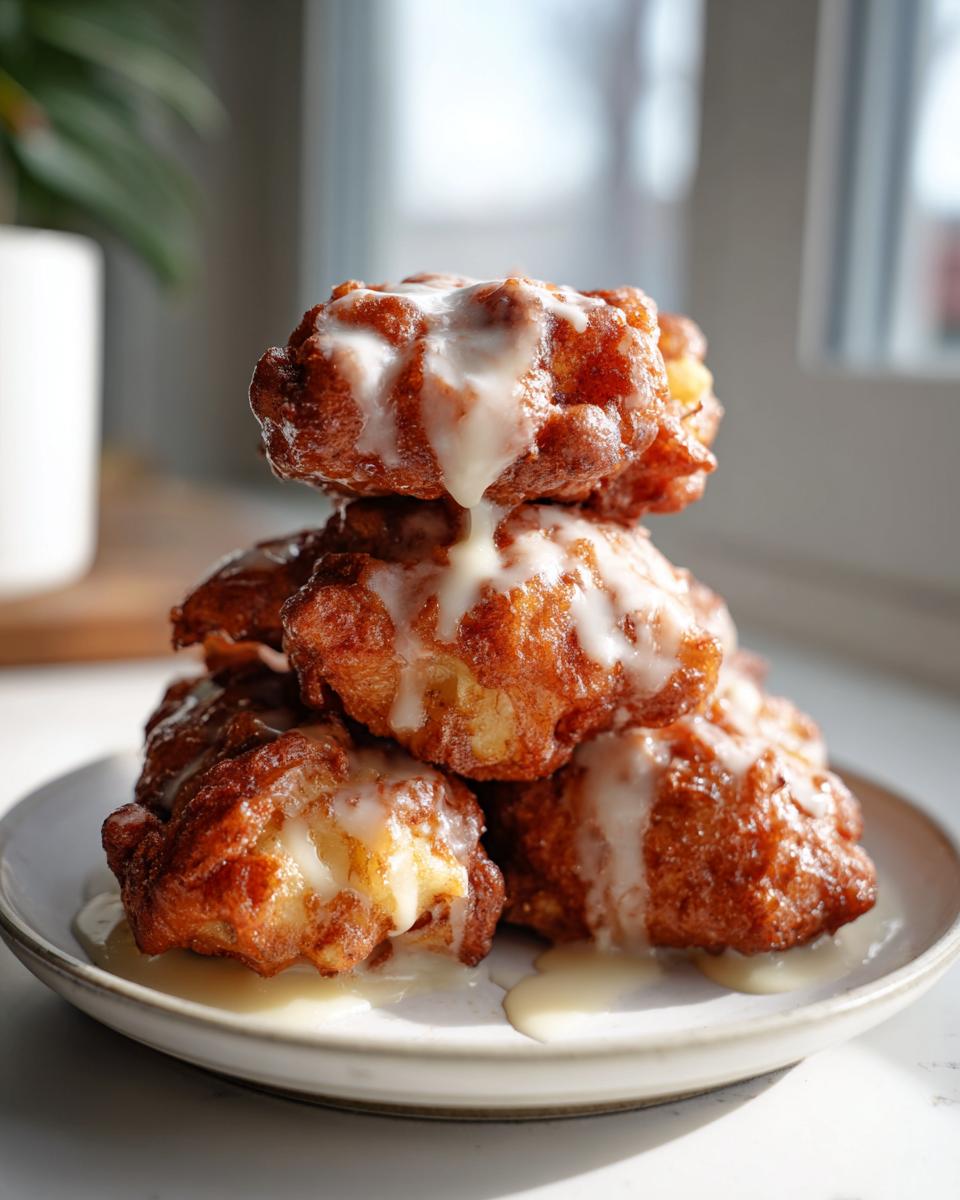 A stack of golden brown, freshly fried apple fritters drizzled generously with white glaze.