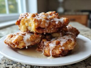 A stack of golden brown, deep-fried apple fritters drizzled heavily with white vanilla glaze.