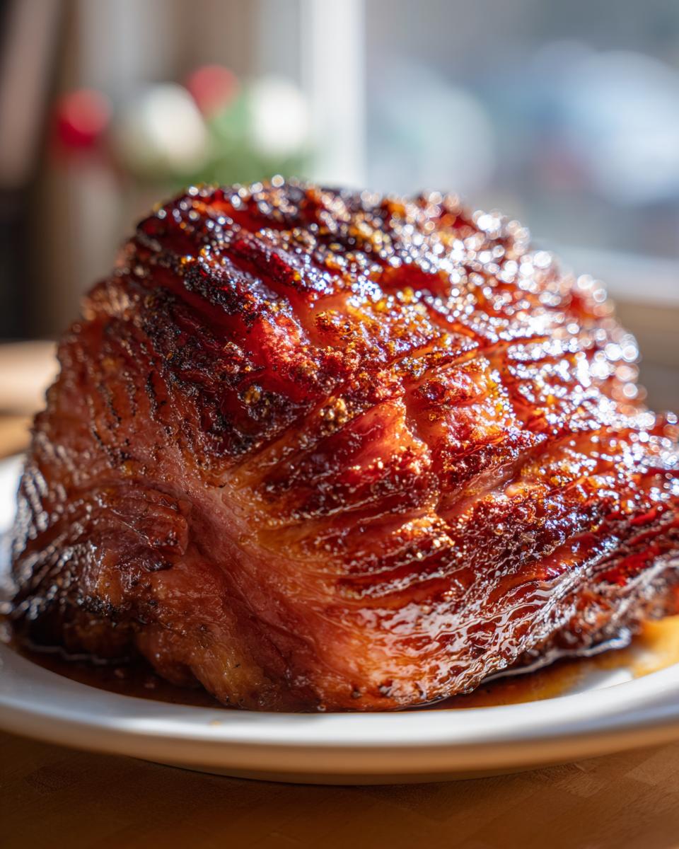Close-up of a beautiful, glistening glazed ham with scoring on the surface, ready to be served.