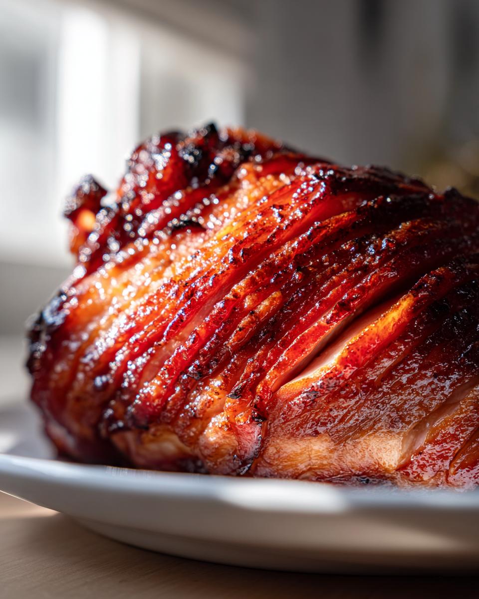 Close-up of a perfectly glazed ham roast, showcasing its spiral cuts and rich, caramelized surface.