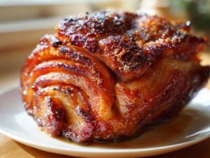 Close-up of a beautifully glazed ham roast, with a rich, caramelized crust and visible layers of meat.