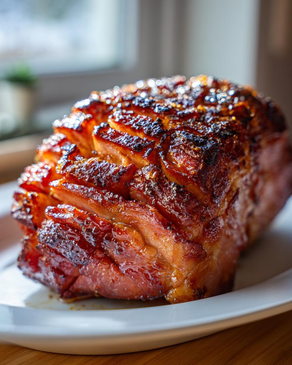 A close-up of a beautifully glazed ham roast, scored and glistening, ready to be served.
