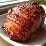 Close-up of a perfectly cooked glazed ham, scored and glistening with a rich, dark glaze and herbs.