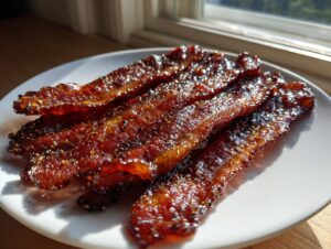 Four strips of glossy, caramelized Millionaire bacon, seasoned with pepper, resting on a white plate near a window.