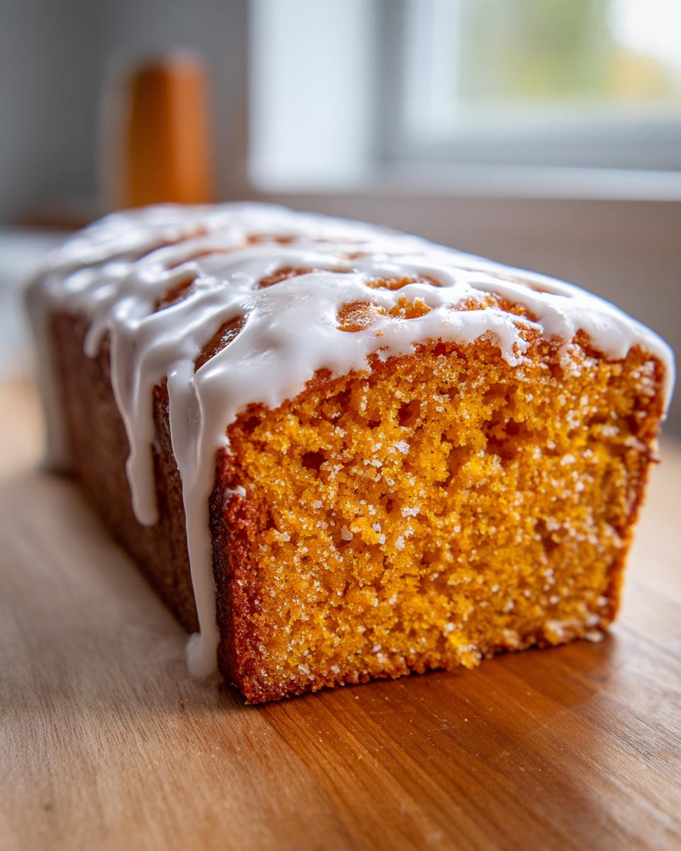 Close-up of a moist, orange-hued sweet potato pound cake loaf topped with white icing.