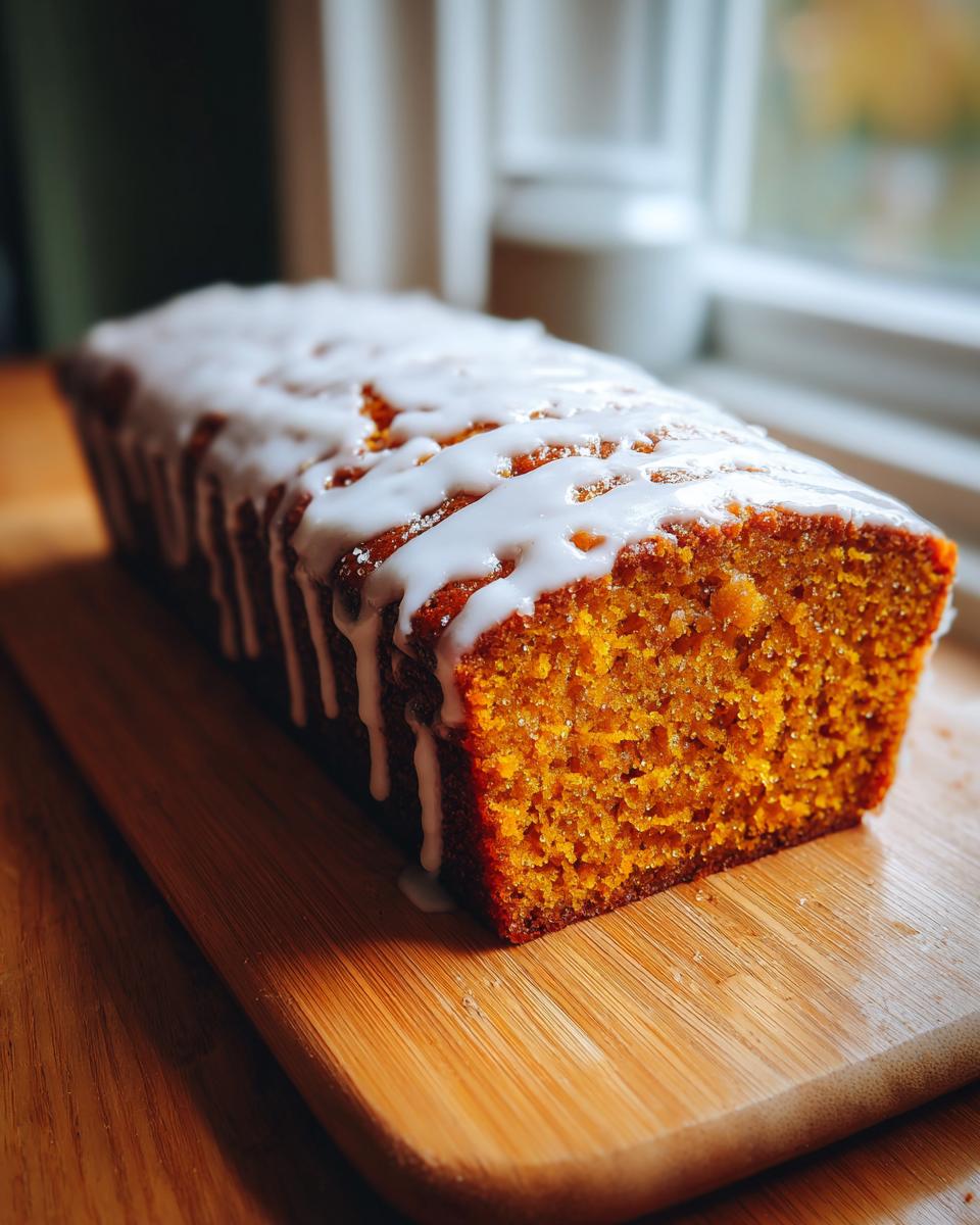 A freshly baked sweet potato pound cake loaf with thick white glaze drizzled on top, resting on a wooden board.