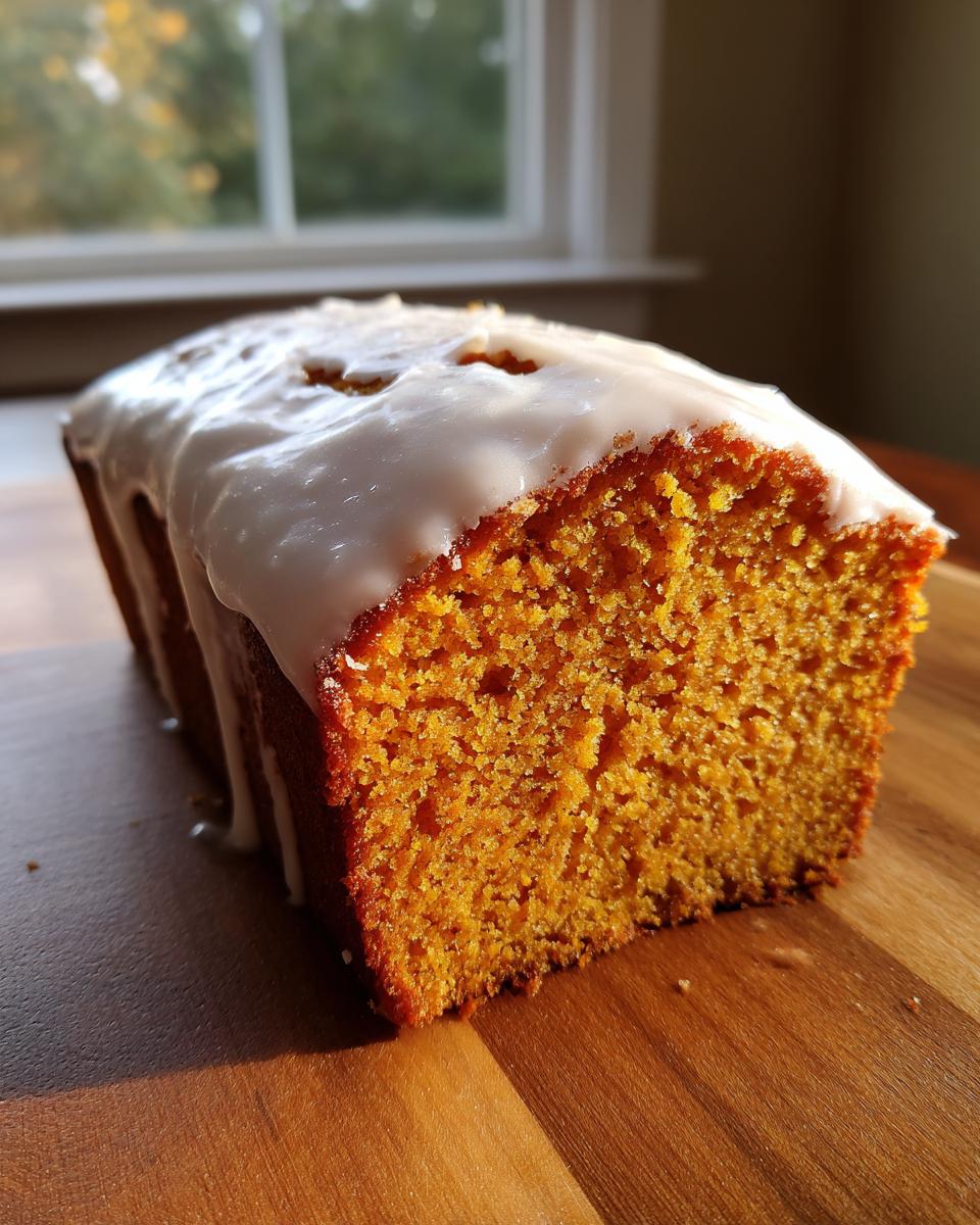 Close-up of a moist, orange-hued sweet potato pound cake loaf topped with white glaze.