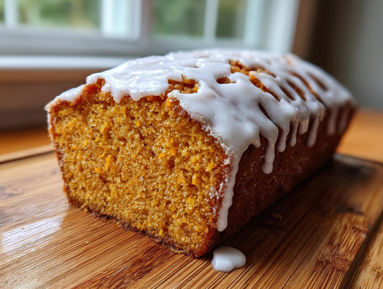 A close-up of a freshly baked sweet potato pound cake loaf with thick white glaze drizzling down the sides, resting on a wooden board.