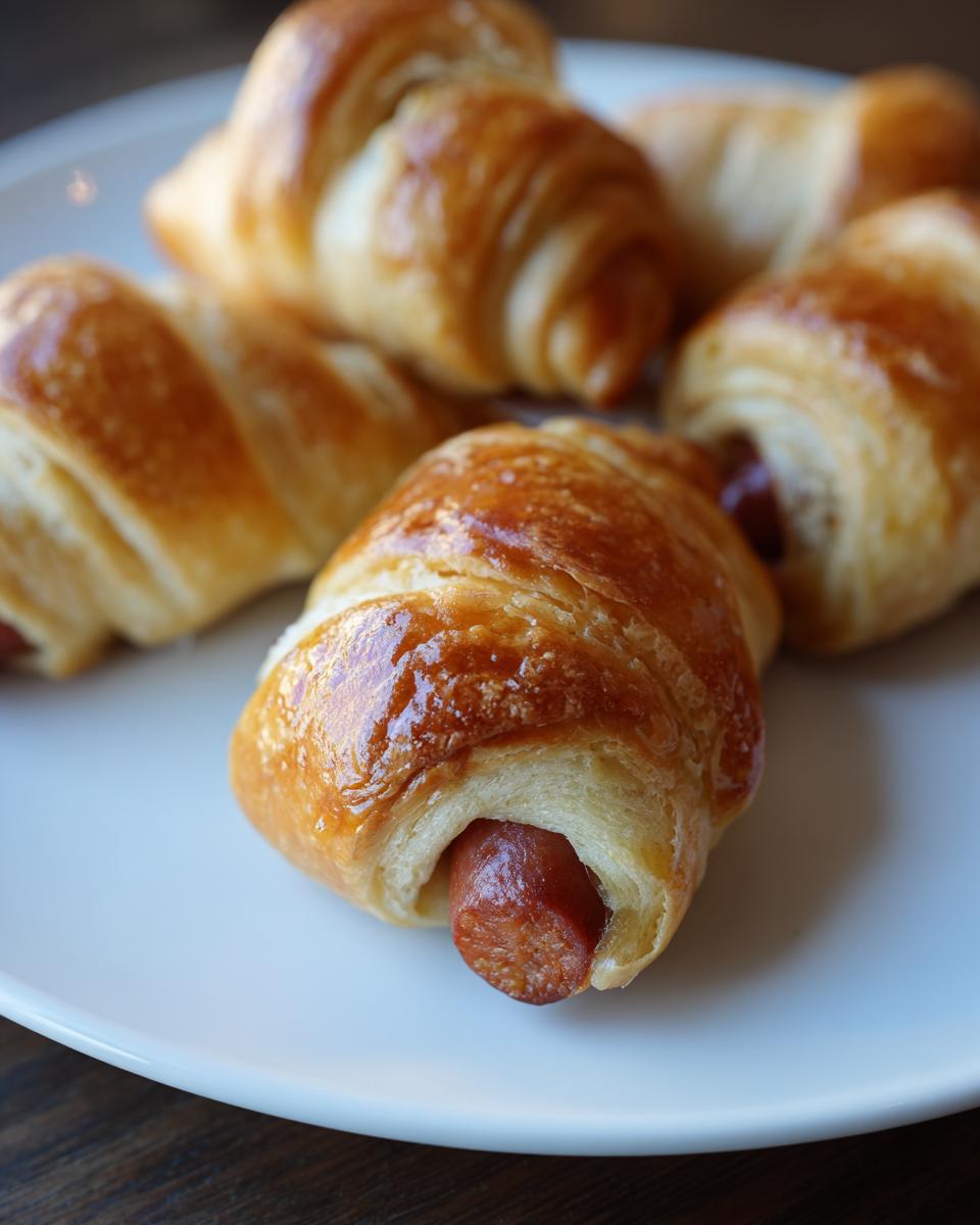 Close-up of several golden brown, flaky pastry pigs in a blanket served on a white plate.