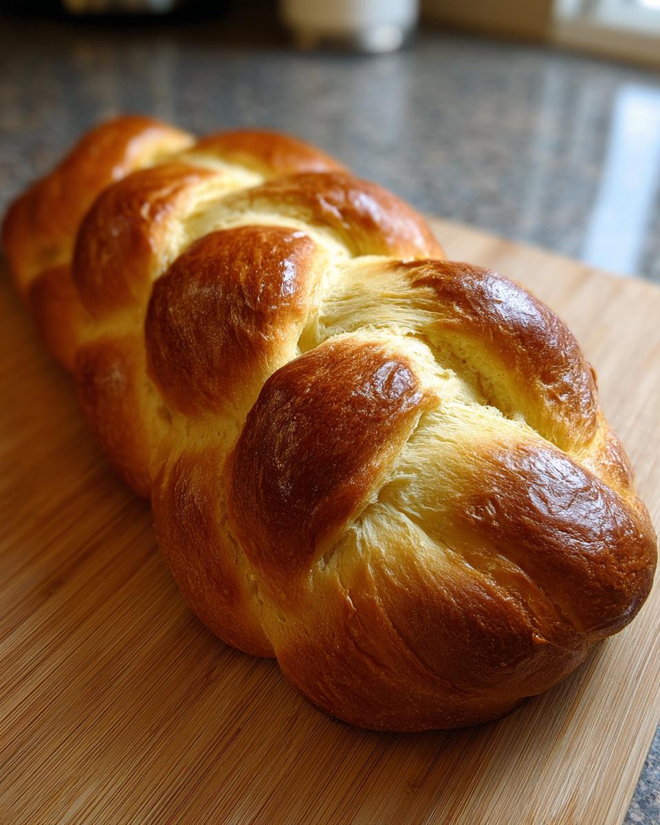 A beautifully braided, golden brown Challah bread loaf resting on a wooden cutting board.
