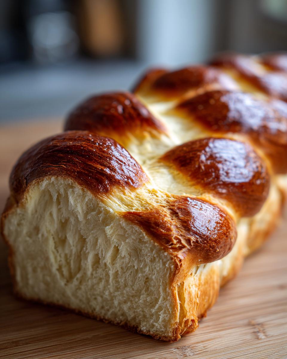 A close-up, detailed view of a golden-brown, braided Challah bread loaf on a wooden surface.