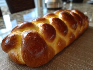A beautifully braided, golden-brown challah bread loaf with a glossy sheen, ready to be sliced.