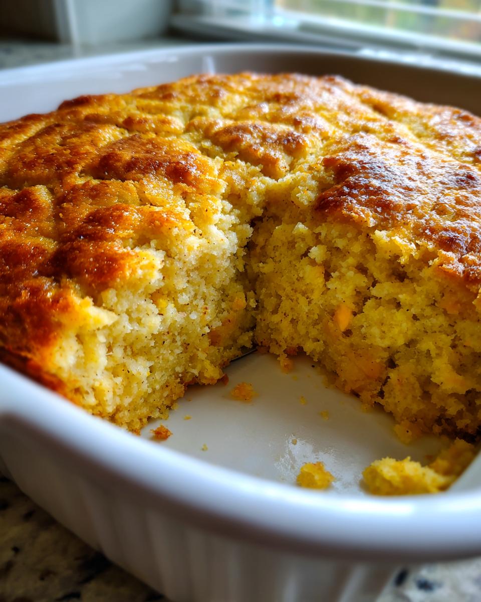 Close-up of golden brown cornbread dressing baked in a white casserole dish with a piece removed.