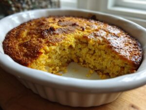 Close-up of golden baked cornbread dressing with a serving removed, sitting in a white ceramic baking dish.