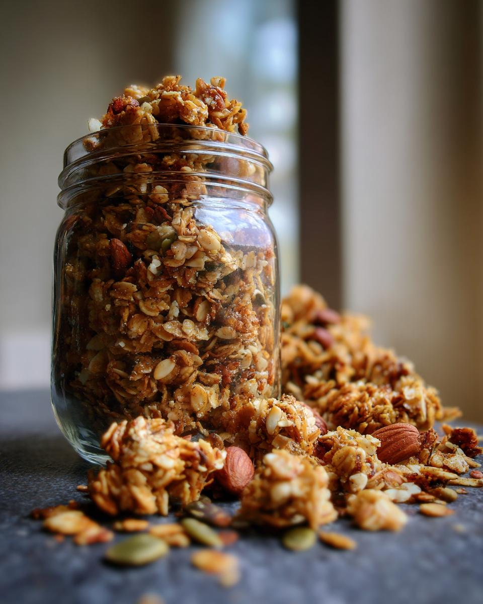 A glass jar filled with golden granola, with a pile of granola, almonds, and pumpkin seeds spilled on the side.