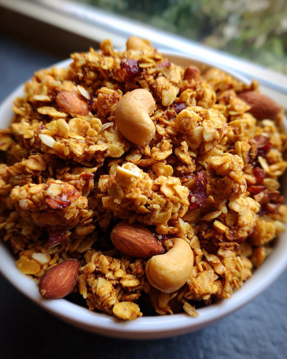 Close-up of a bowl filled with golden granola, featuring almonds, cashews, and dried cranberries.