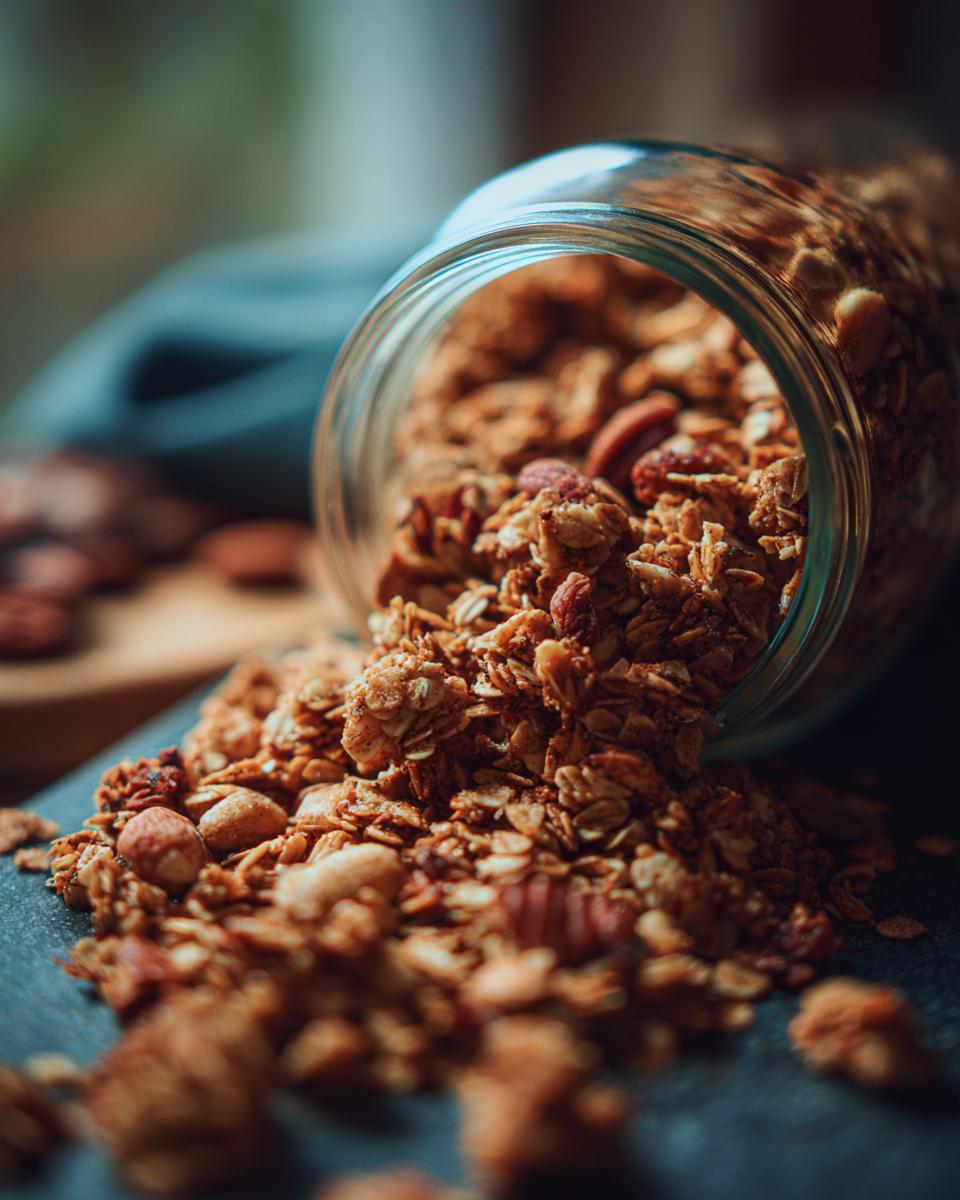 Close-up of golden, crunchy granola with nuts spilling out of a glass jar.