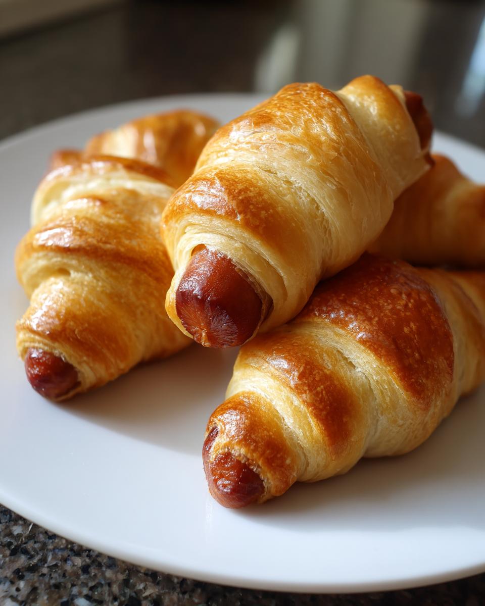 Close-up of several golden brown pigs in a blanket appetizer served on a white plate.