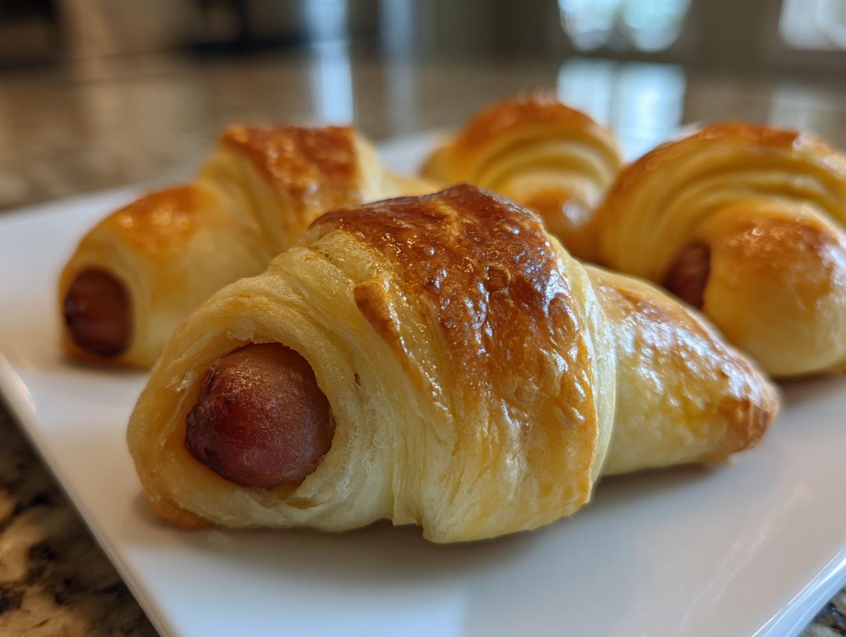 Close-up of several golden brown, flaky pastry Pigs in a blanket served on a white rectangular plate.