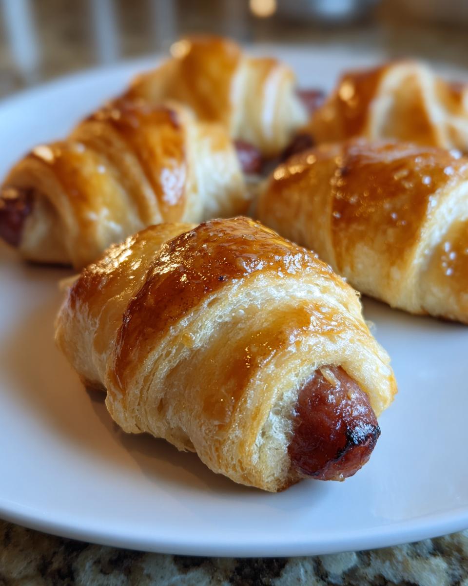 Close-up of several golden brown, flaky pastry Pigs in a blanket served on a white plate.