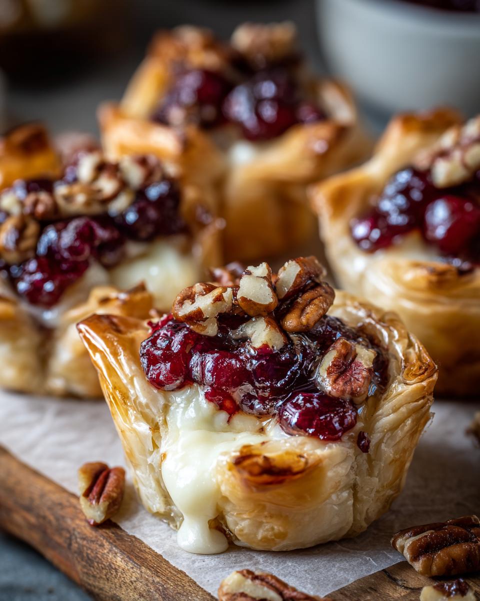 Close-up of warm Cranberry brie bites showing melted brie oozing out, topped with cranberry sauce and chopped pecans.