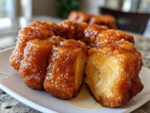 Close-up of a gooey, glazed Monkey Bread on a white plate, with a slice removed to show the soft interior.