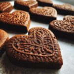 Close-up of several heart-shaped gingerbread cookies with detailed embossed patterns.
