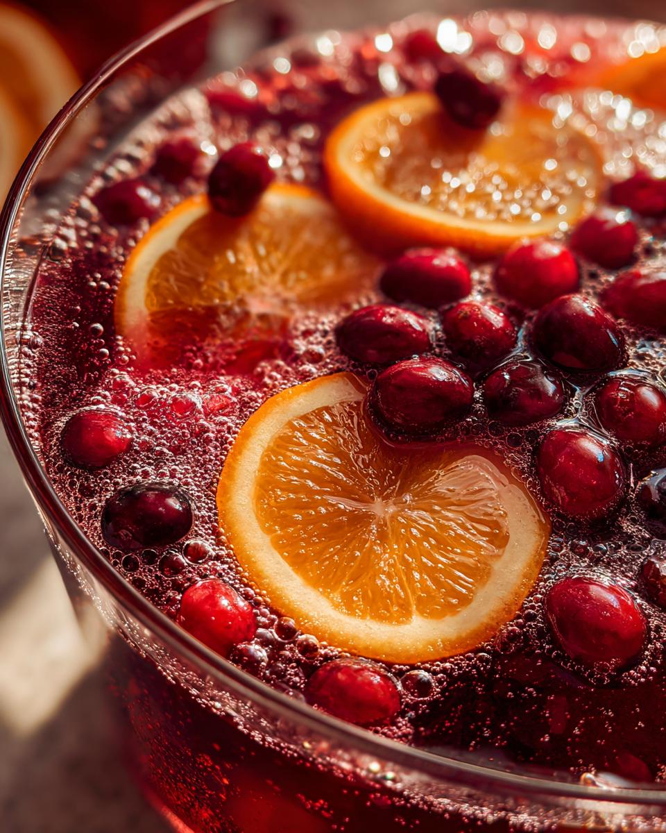Close-up view of a bubbling, deep red holiday punch garnished with fresh cranberries and bright orange slices.