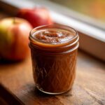 A close-up of a glass jar filled with rich, dark apple butter, with apples blurred in the background.
