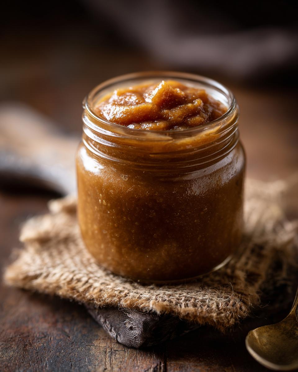 A glass jar filled with rich, dark apple butter, resting on burlap.
