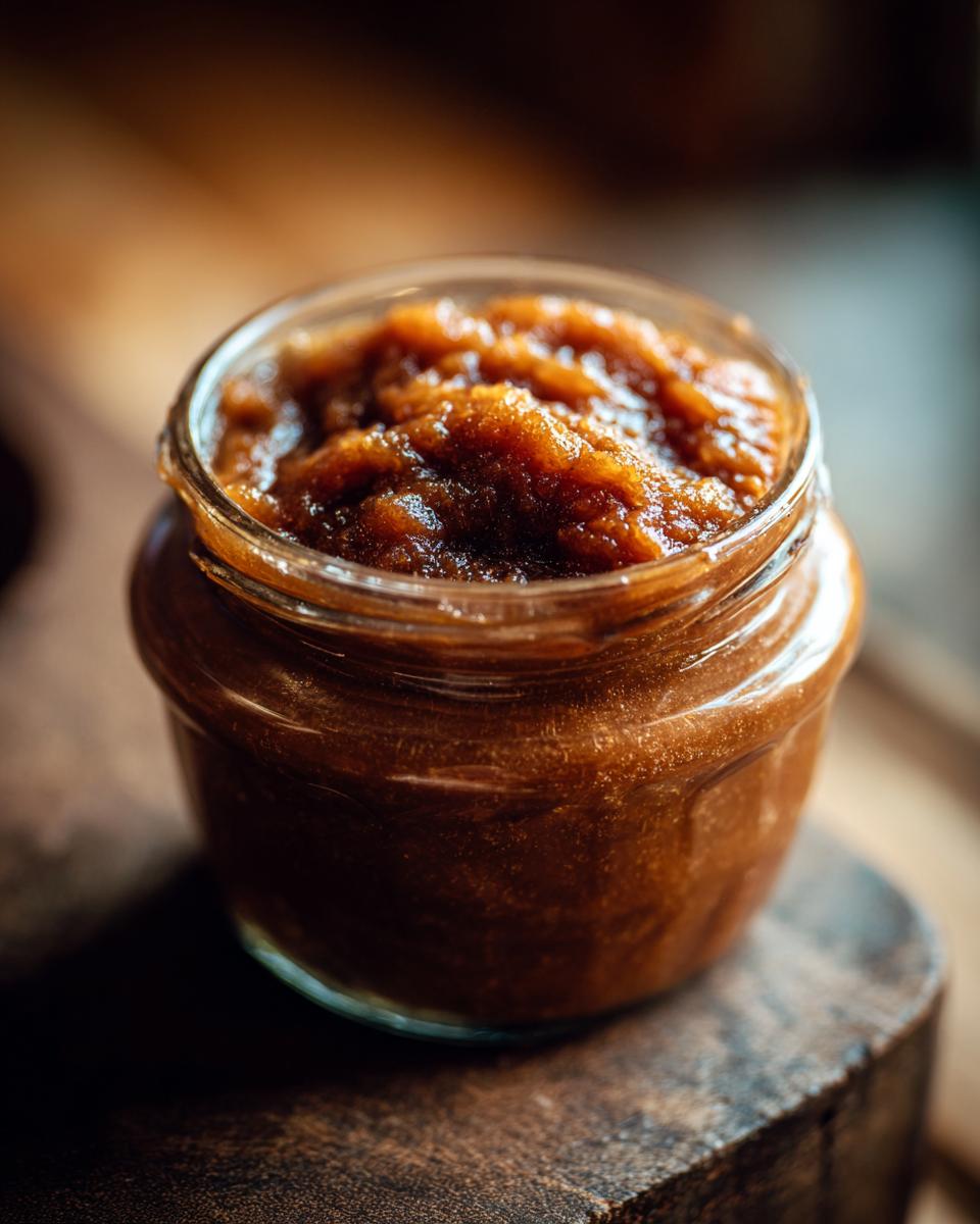 A close-up shot of a glass jar filled with rich, dark apple butter.