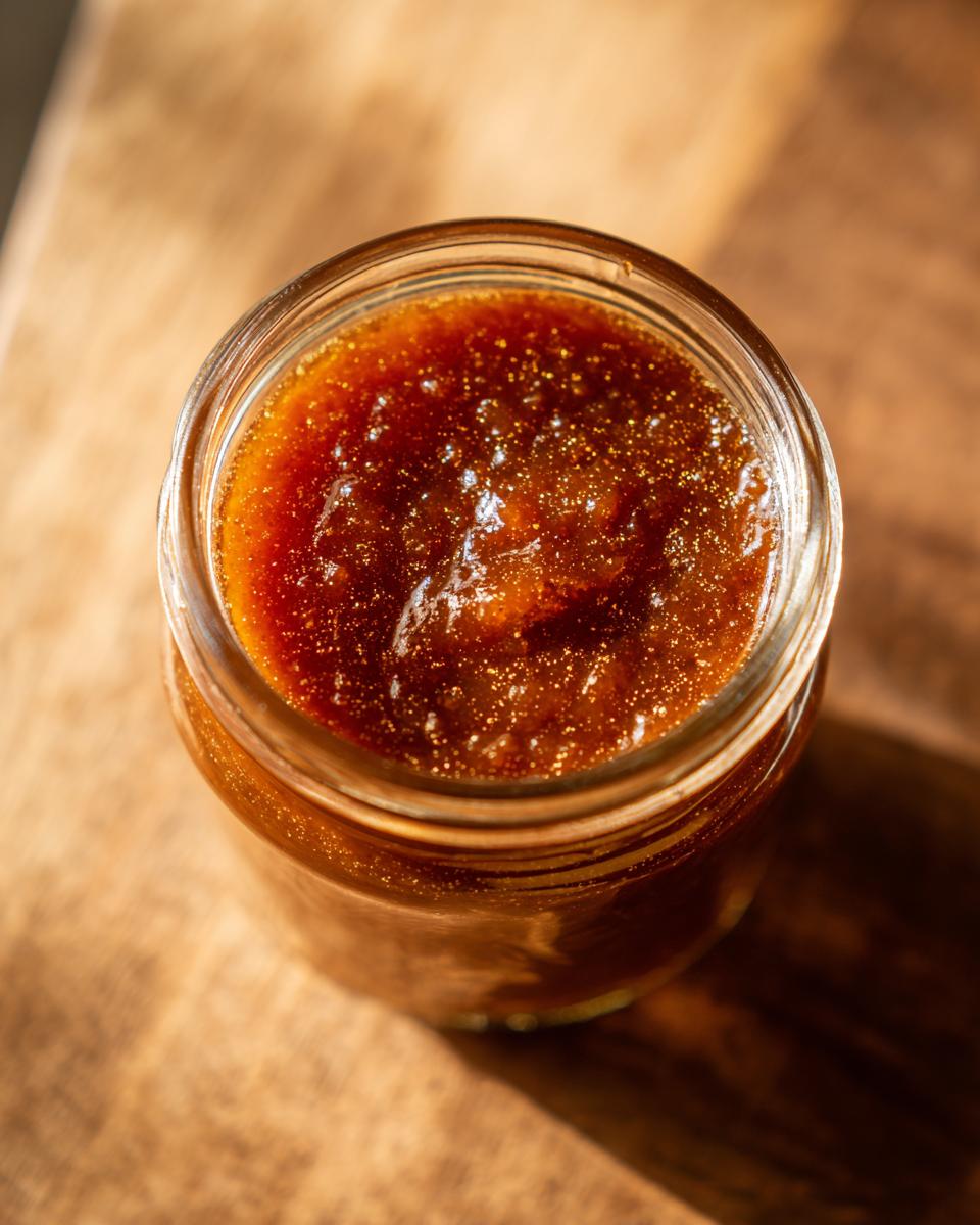 A close-up overhead shot of a glass jar filled with rich, dark apple butter.