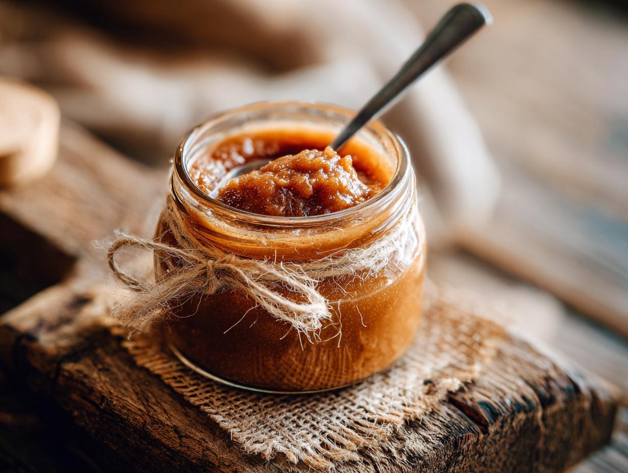A rustic jar filled with rich, homemade apple butter, tied with twine, with a spoon resting inside.