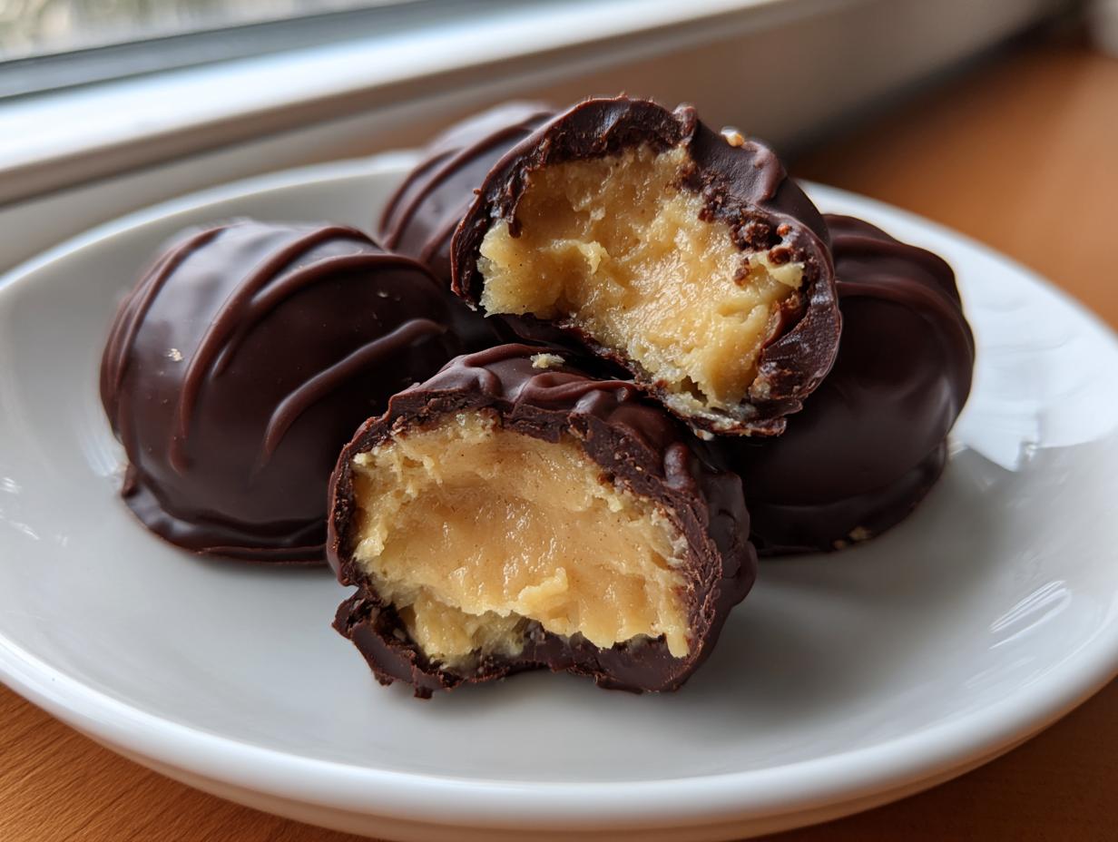 Four homemade Buckeyes on a white plate, one is broken open showing the creamy peanut butter filling inside the chocolate shell.