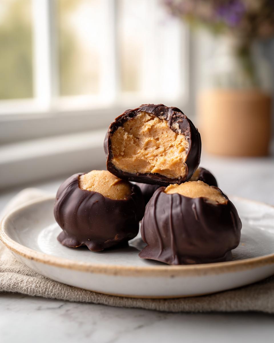 A stack of homemade Buckeyes, one cut in half showing the creamy peanut butter filling inside the chocolate coating.