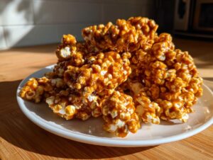 Close-up of sticky, golden brown caramel popcorn clusters piled high on a white plate.