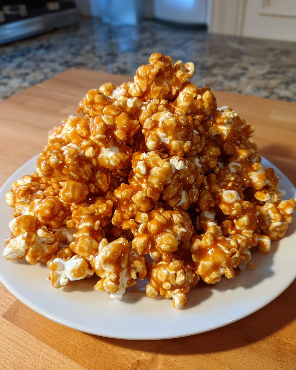 A large mound of glossy, golden-brown caramel popcorn piled high on a white plate.