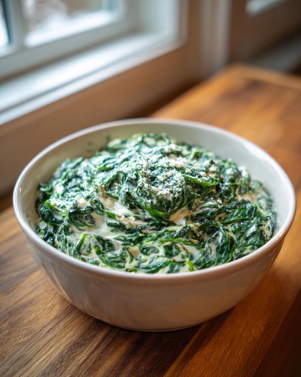 A white bowl filled with rich, green creamed spinach topped with grated cheese.