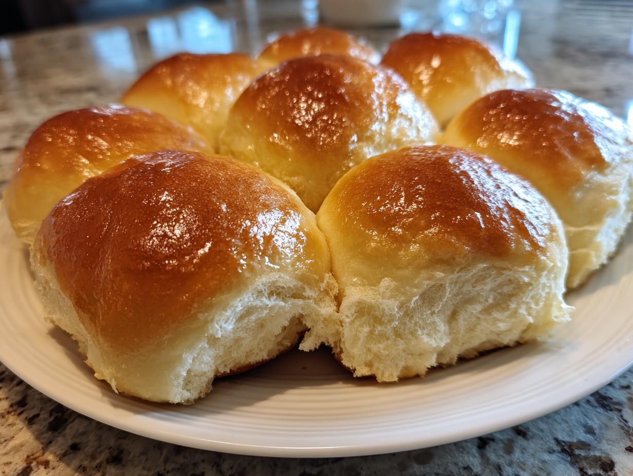 A close-up of several golden-brown, glossy Homemade dinner rolls resting together on a white plate.