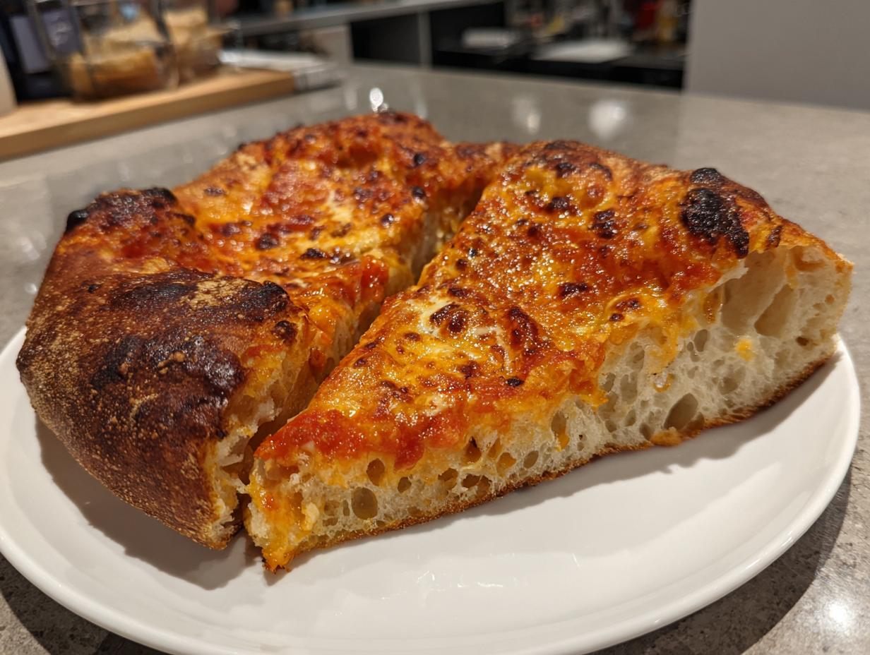 Close-up of two slices of homemade pizza showing the thick, airy interior crumb structure of the crust.