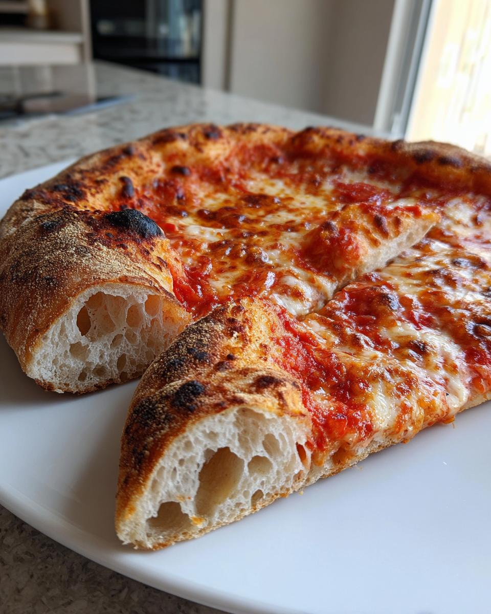 Cross-section of a slice of homemade pizza showing a light, airy crust structure and melted cheese.