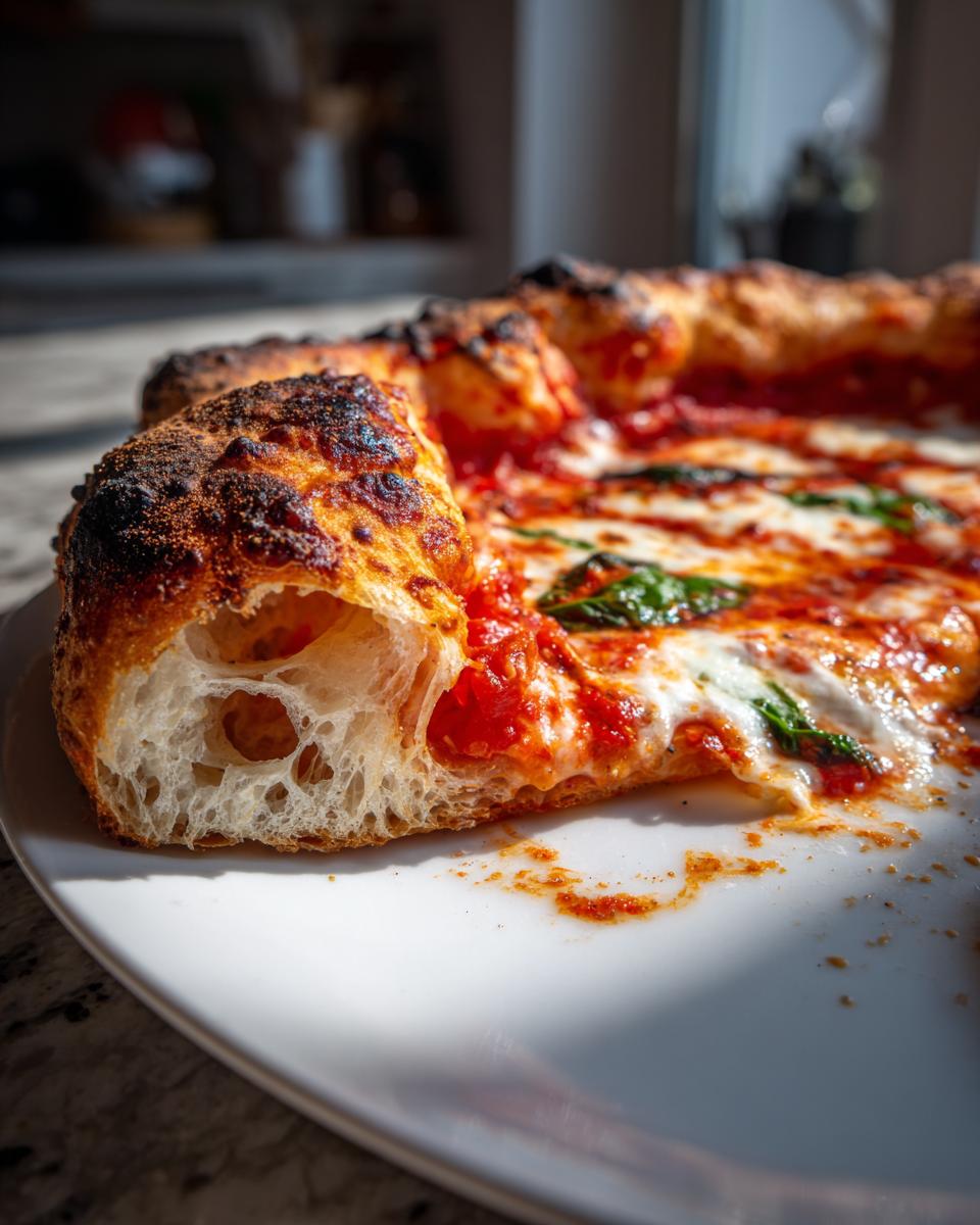 Cross-section of a slice of homemade pizza showing a light, airy crust structure and melted cheese.