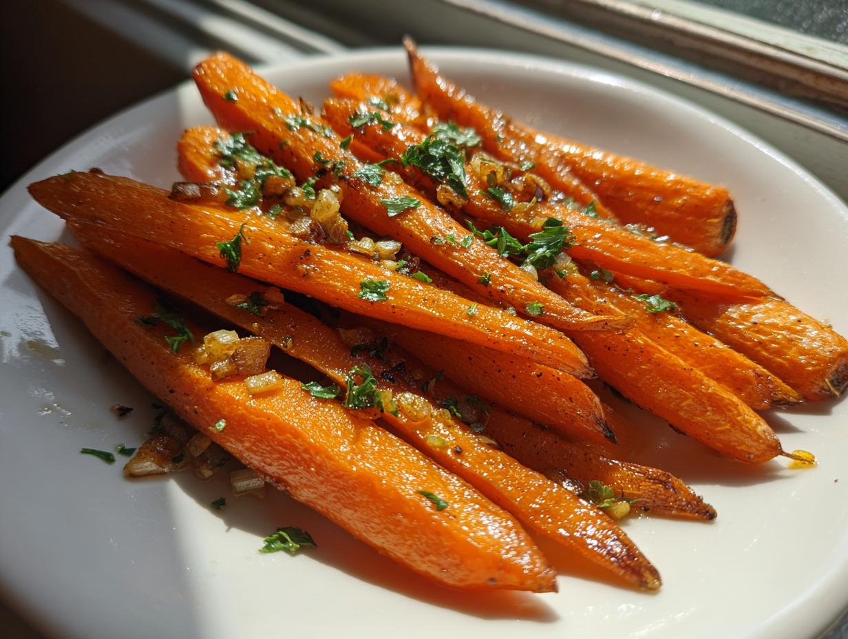 Close-up of roasted honey glazed carrots served on a white plate, topped with chopped herbs and caramelized shallots.