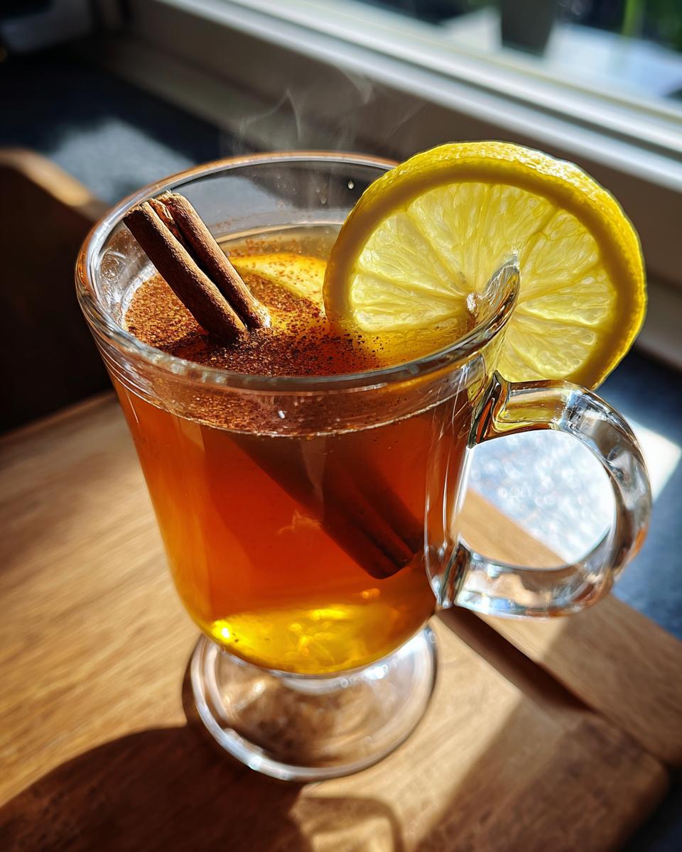 A comforting hot toddy in a glass mug, garnished with cinnamon sticks and a lemon slice, with steam rising.