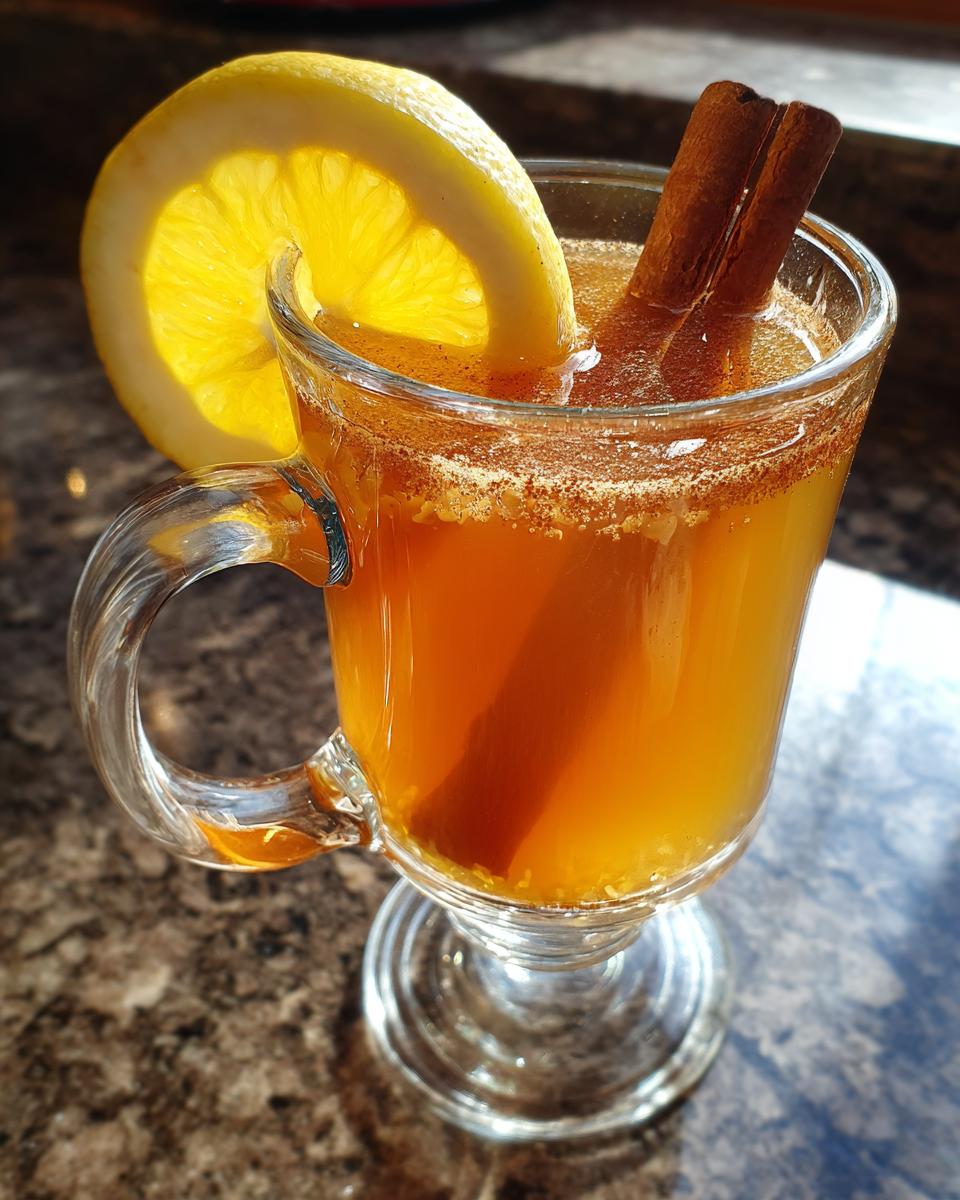 A comforting glass of hot toddy with a lemon slice and cinnamon stick, sprinkled with spices.