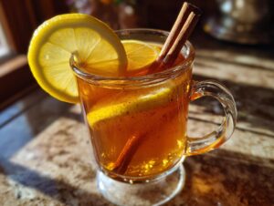 A close-up of a comforting hot toddy in a glass mug, garnished with lemon slices and cinnamon sticks.