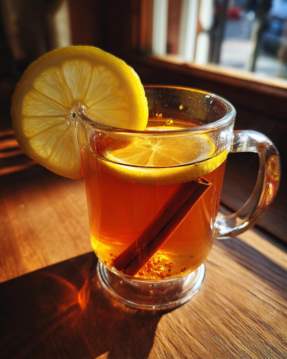 A clear glass mug filled with a warm Hot Toddy, garnished with a lemon slice and a cinnamon stick.