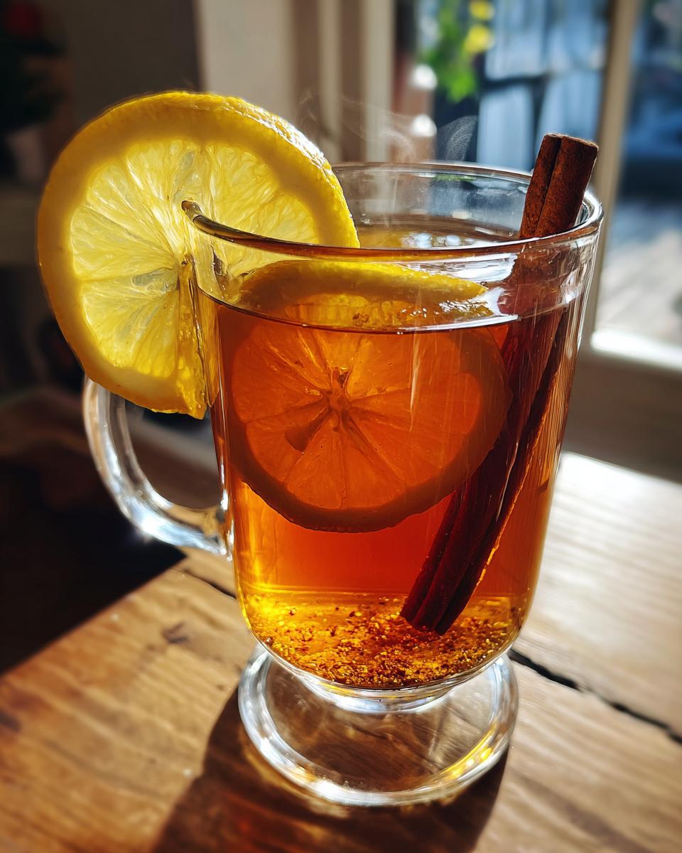 A steaming hot toddy in a glass mug, garnished with lemon slices and a cinnamon stick.